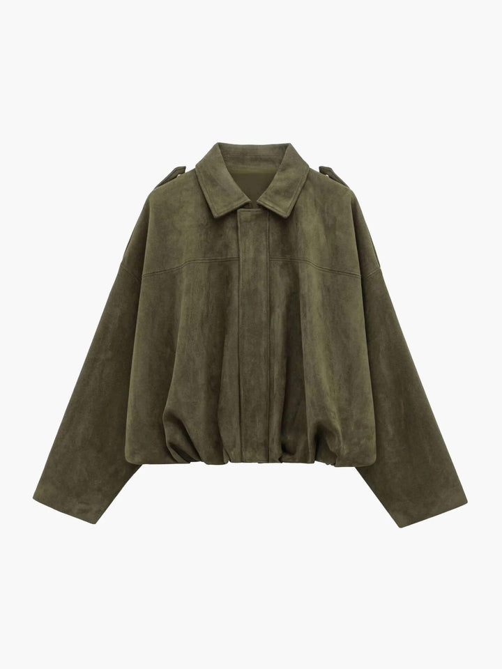 Women's Faux Suede Bomber Jacket | Collared Bubble Hem Fit Hero