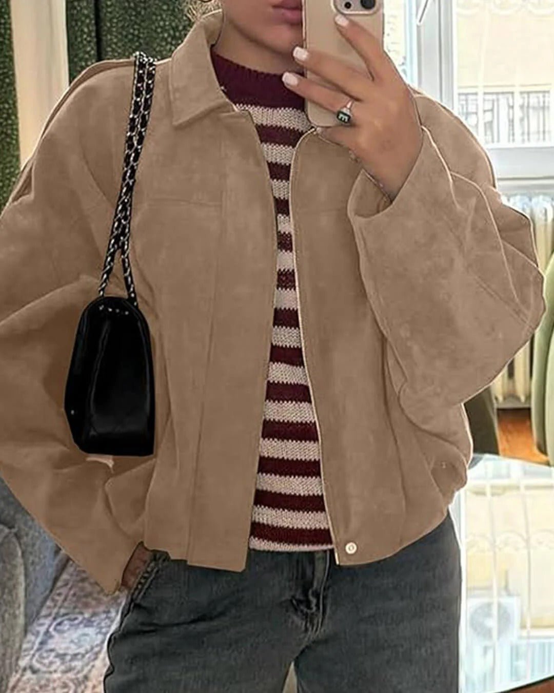 Women's Faux Suede Bomber Jacket | Collared Bubble Hem Fit Lifestyle