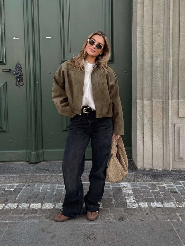 Women's Faux Suede Bomber Jacket | Collared Bubble Hem Fit Side