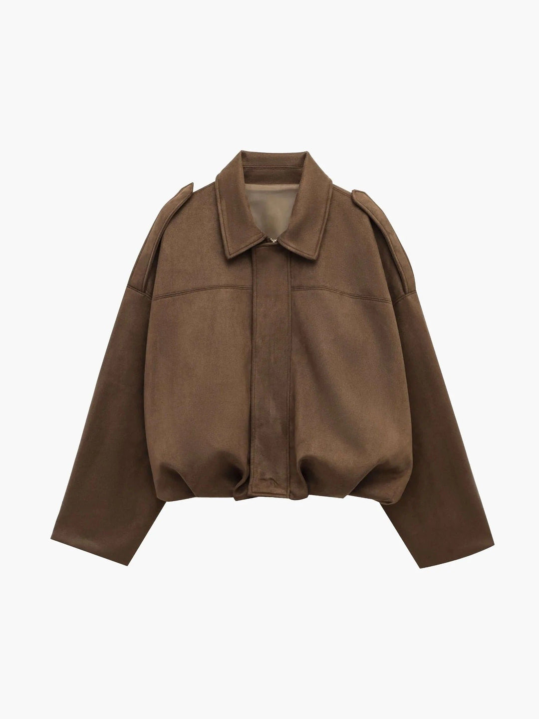Women's Faux Suede Bomber Jacket | Collared Bubble Hem Fit View 11