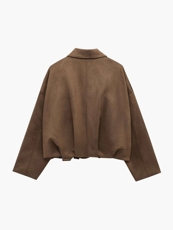 Women's Faux Suede Bomber Jacket | Collared Bubble Hem Fit View 12