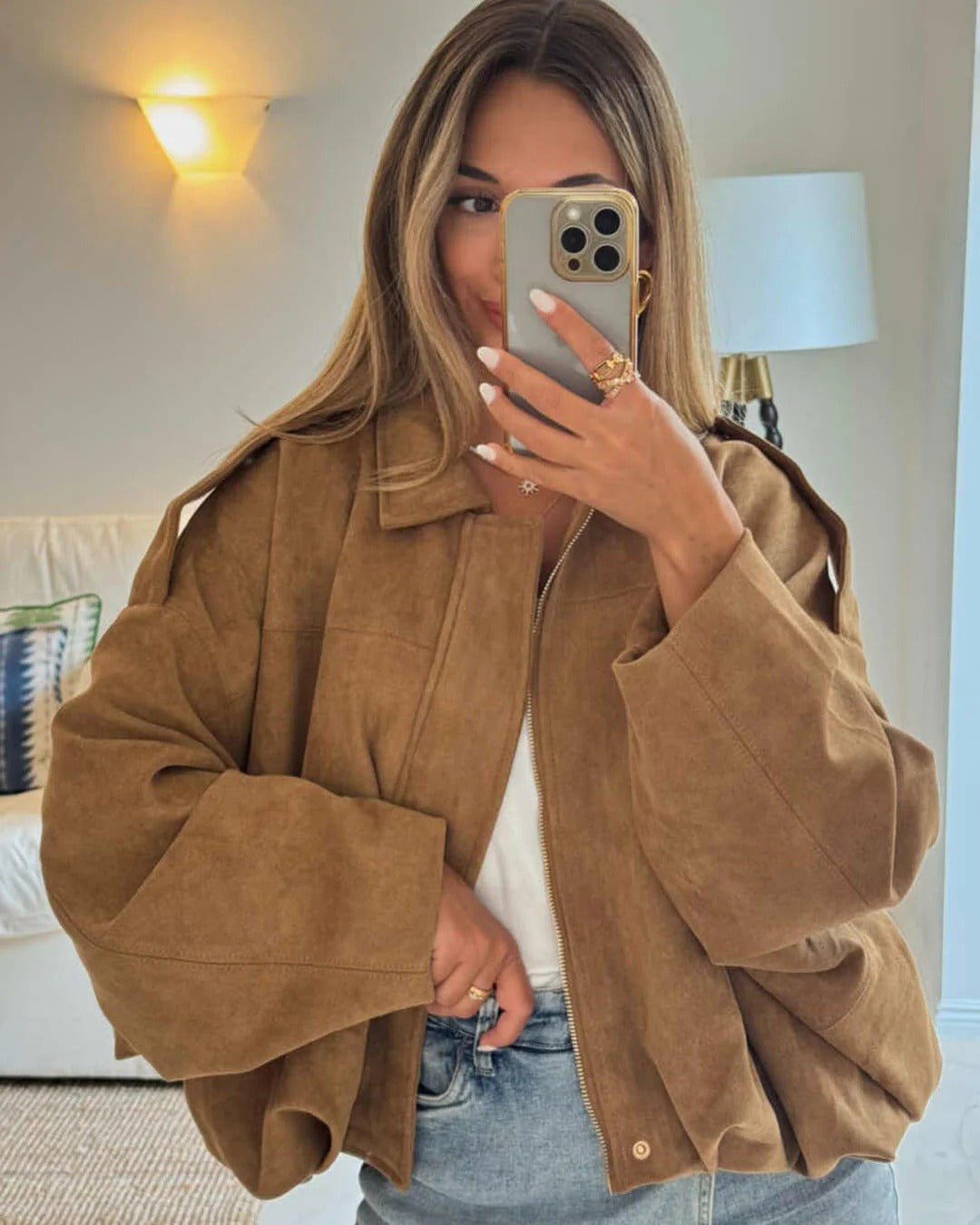Women's Faux Suede Bomber Jacket | Collared Bubble Hem Fit View 13