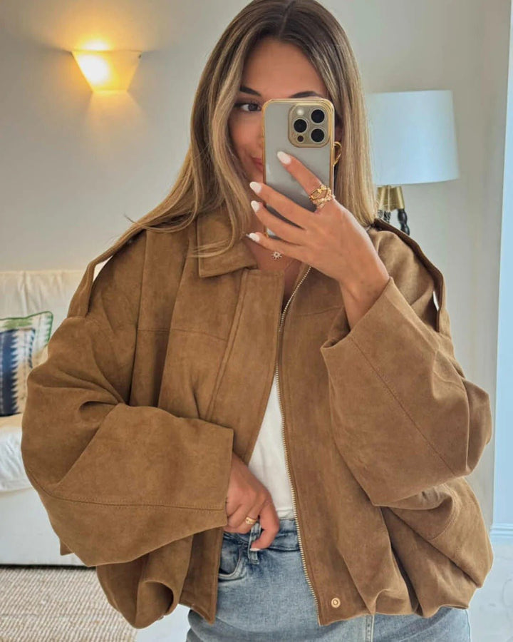 Women's Faux Suede Bomber Jacket | Collared Bubble Hem Fit View 13