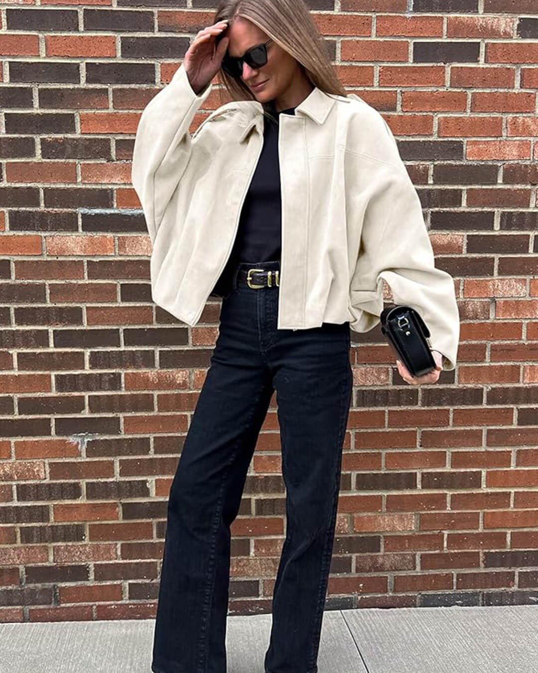 Women's Faux Suede Bomber Jacket | Collared Bubble Hem Fit View 14