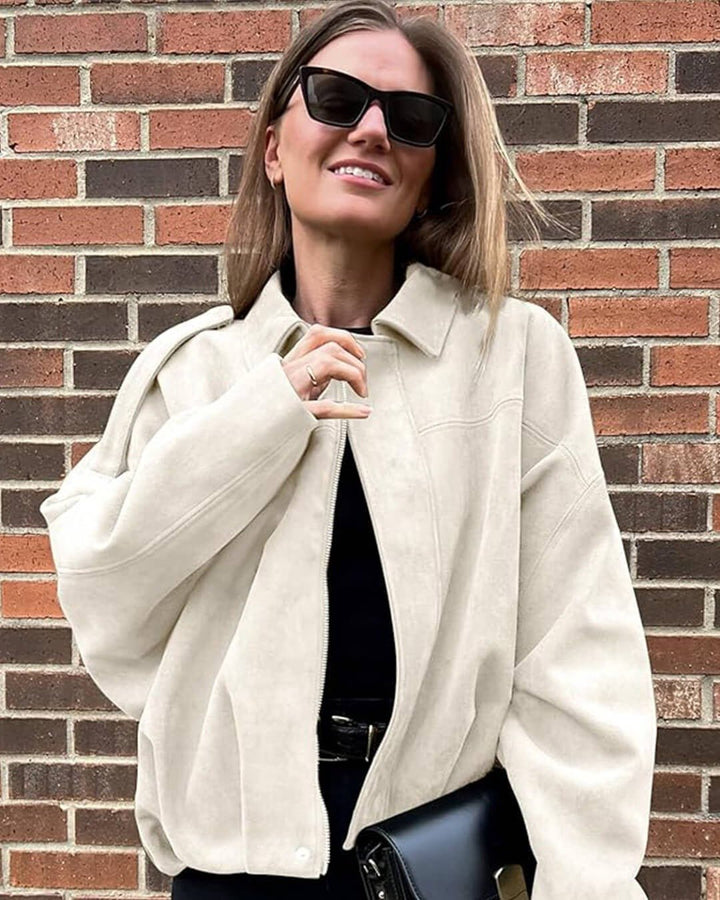 Women's Faux Suede Bomber Jacket | Collared Bubble Hem Fit View 15