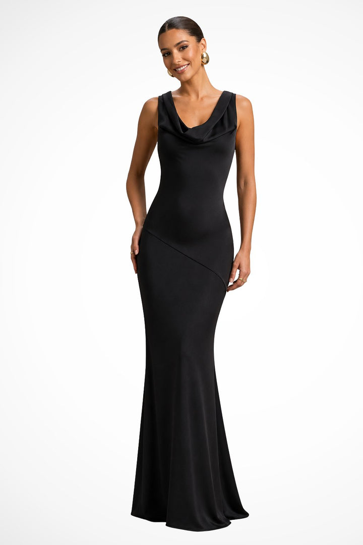 Women's Fitted Cowl Neck Satin Wedding Guest Maxi Dress Back