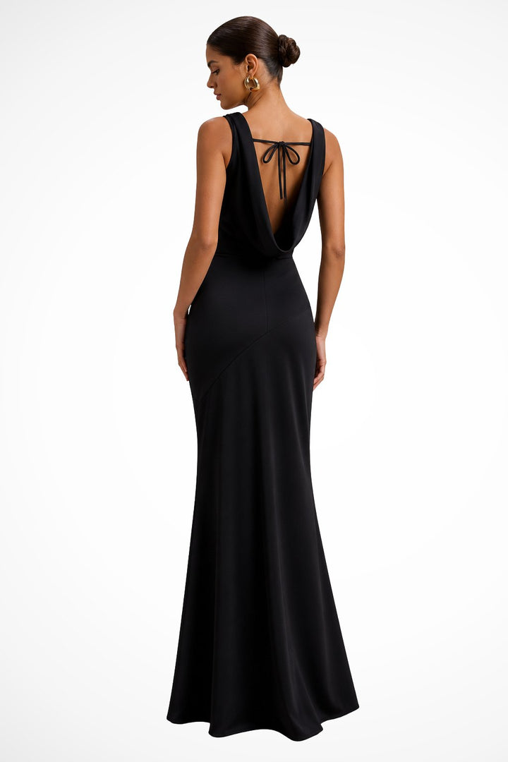Women's Fitted Cowl Neck Satin Wedding Guest Maxi Dress Close Up