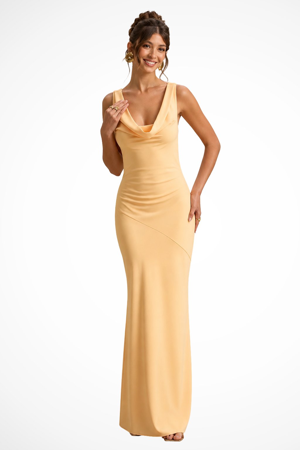 Women's Fitted Cowl Neck Satin Wedding Guest Maxi Dress Detail
