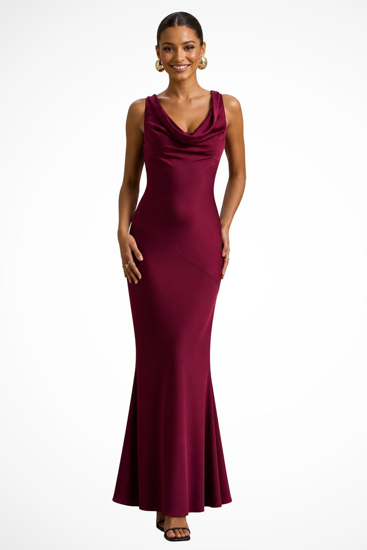 Women's Fitted Cowl Neck Satin Wedding Guest Maxi Dress Front