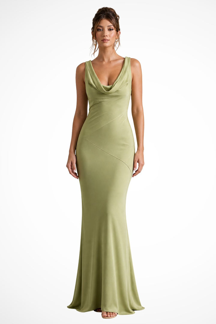 Women's Fitted Cowl Neck Satin Wedding Guest Maxi Dress Side
