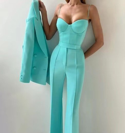 Women's Flared Blazer Set | High Waist Corset Three Piece Close Up