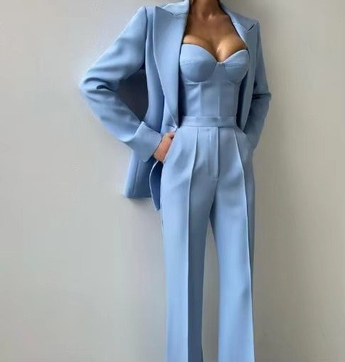 Women's Flared Blazer Set | High Waist Corset Three Piece Side