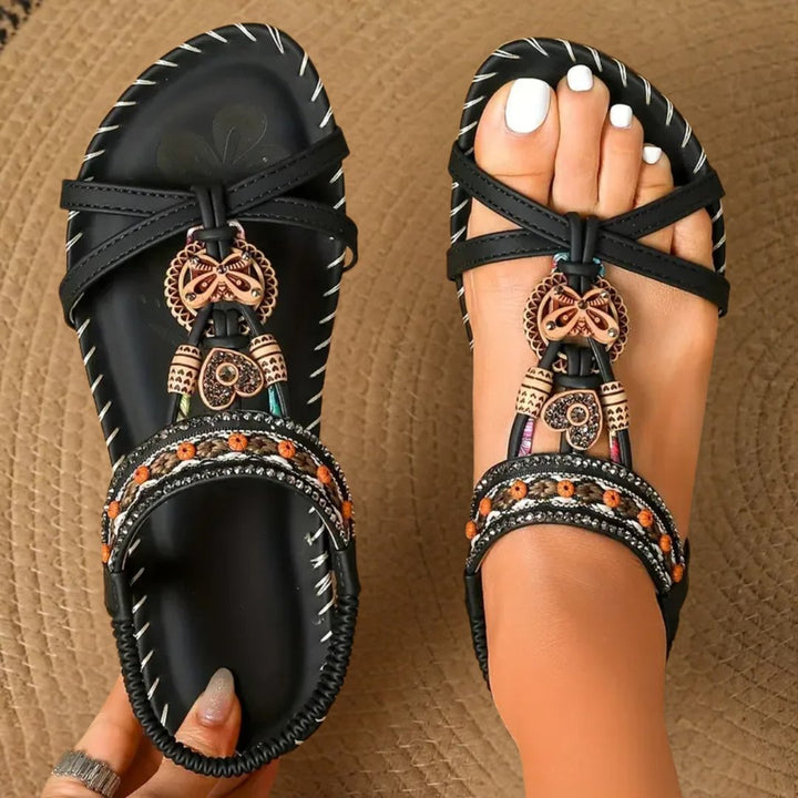 Women's Flat T-Strap Orthopedic Sandals | Beaded Summer Style Detail