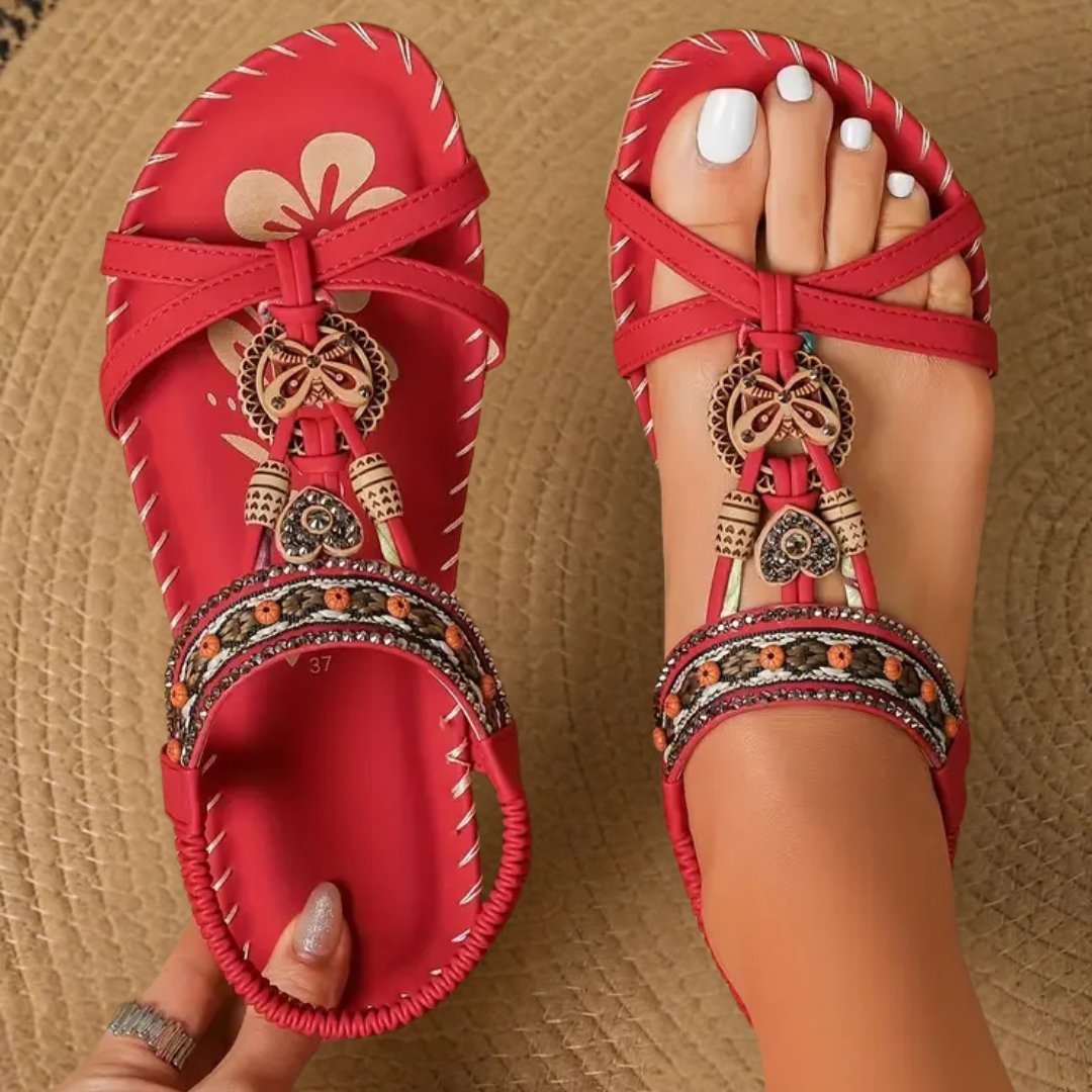 Women's Flat T-Strap Orthopedic Sandals | Beaded Summer Style Front