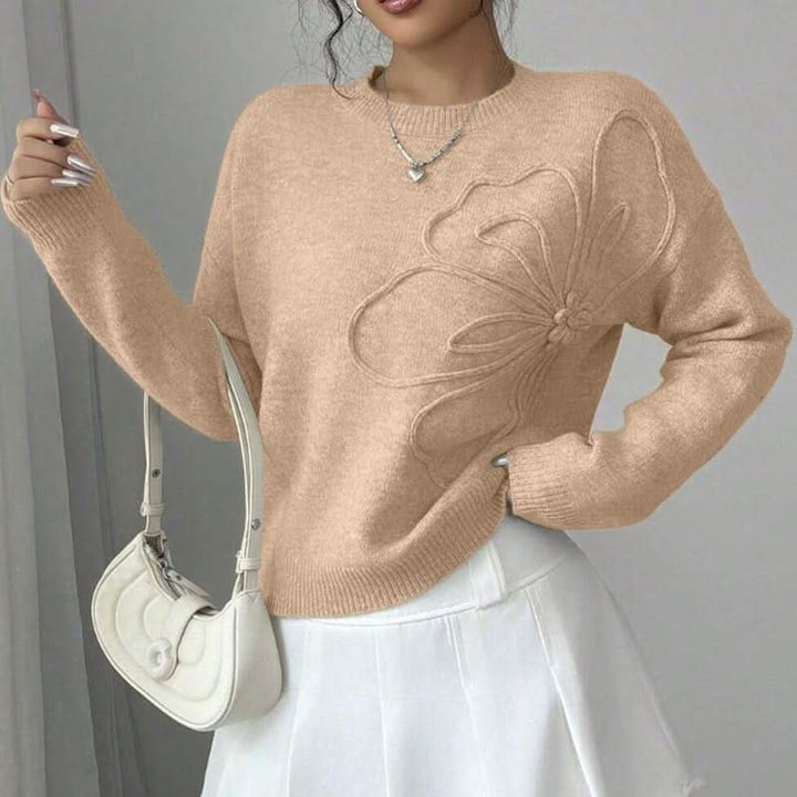 Women's Floral Appliqué Line Sweater | Soft Knit Feminine Fit Front