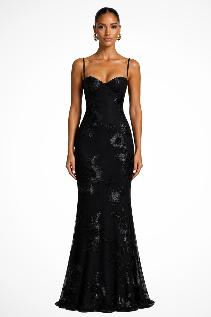 Women's Floral Embroidered Corset Cami Strap Wedding Guest Maxi Dress Back