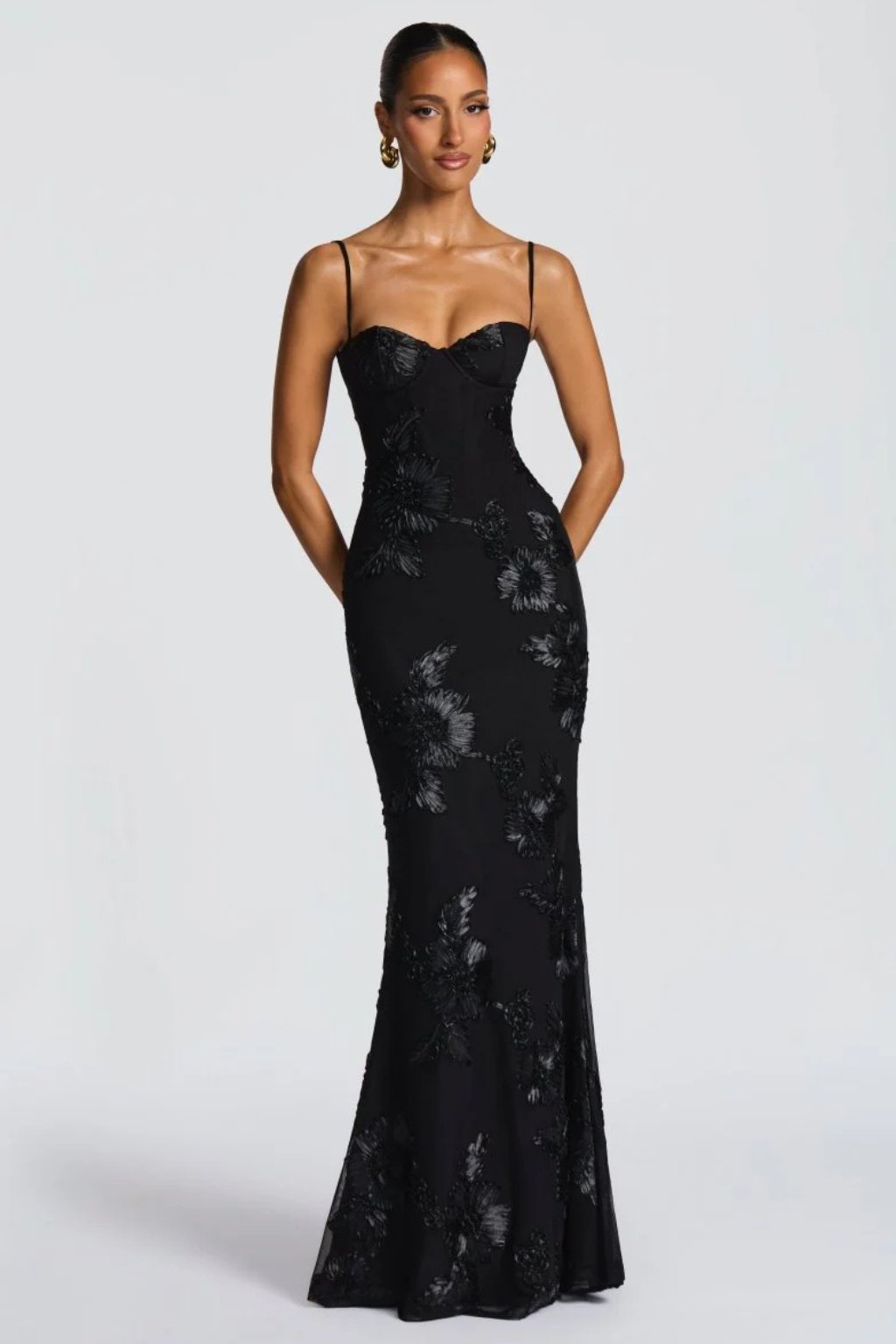 Women's Floral Embroidered Corset Cami Strap Wedding Guest Maxi Dress Close Up