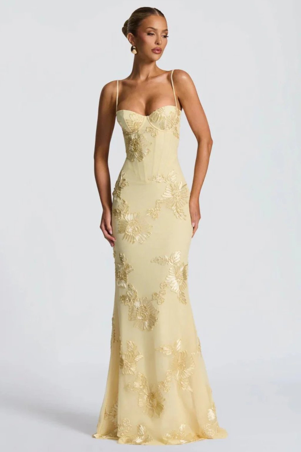 Women's Floral Embroidered Corset Cami Strap Wedding Guest Maxi Dress Detail