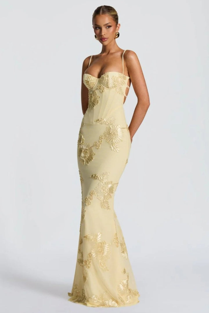 Women's Floral Embroidered Corset Cami Strap Wedding Guest Maxi Dress Front