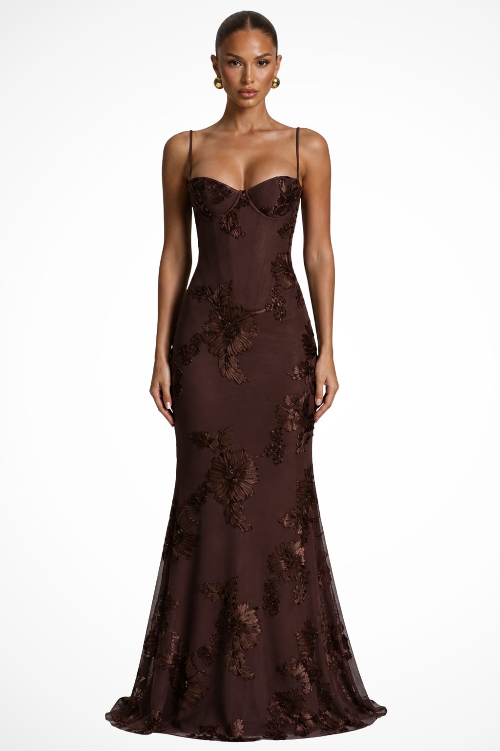 Women's Floral Embroidered Corset Cami Strap Wedding Guest Maxi Dress Full