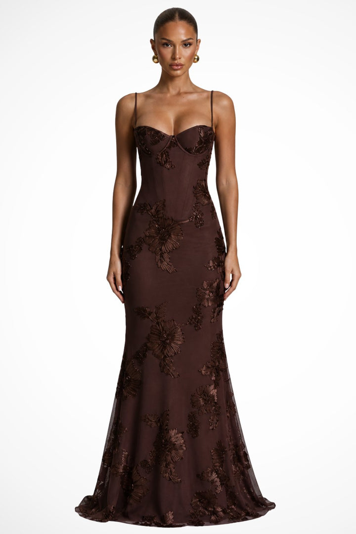 Women's Floral Embroidered Corset Cami Strap Wedding Guest Maxi Dress Full