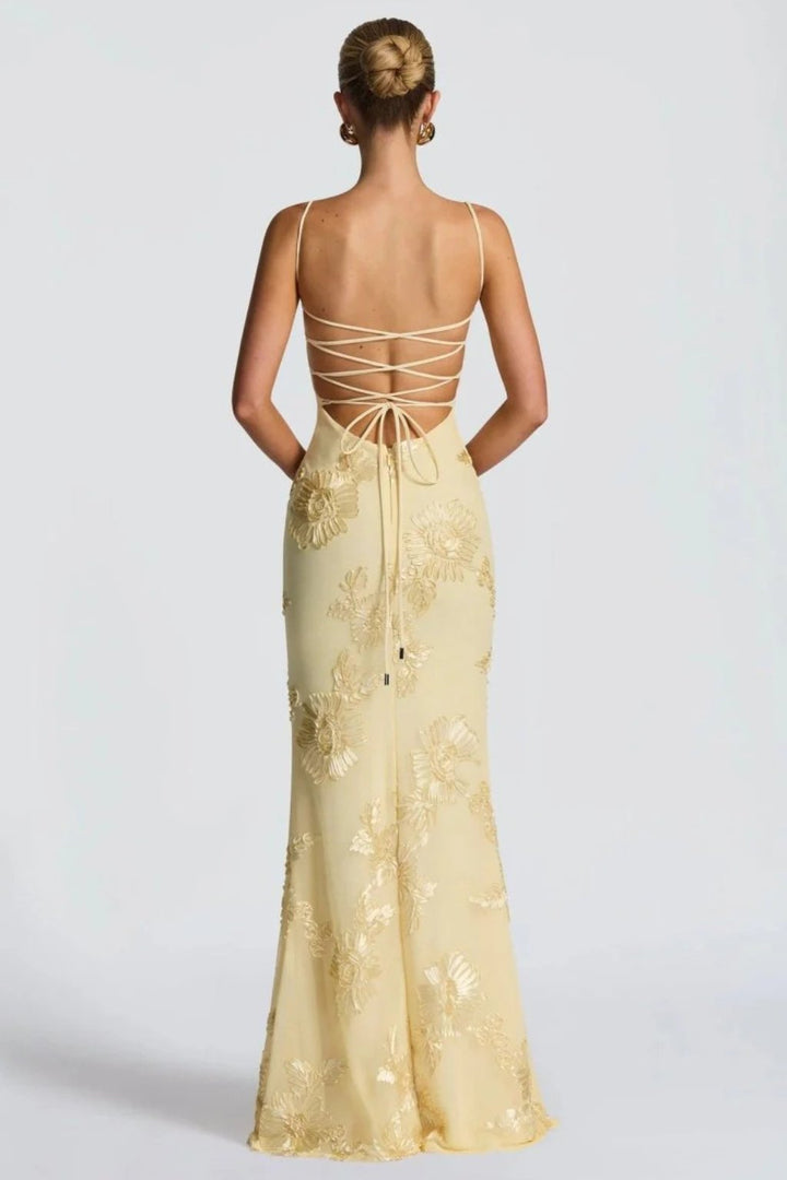 Women's Floral Embroidered Corset Cami Strap Wedding Guest Maxi Dress Side