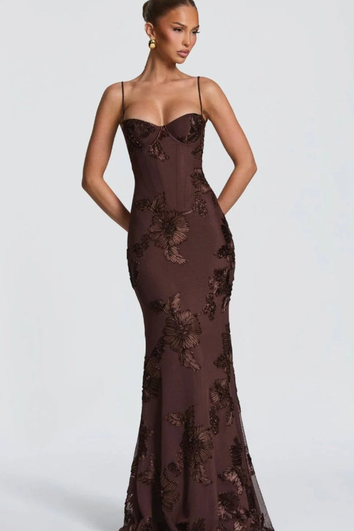Women's Floral Embroidered Corset Cami Strap Wedding Guest Maxi Dress View 11