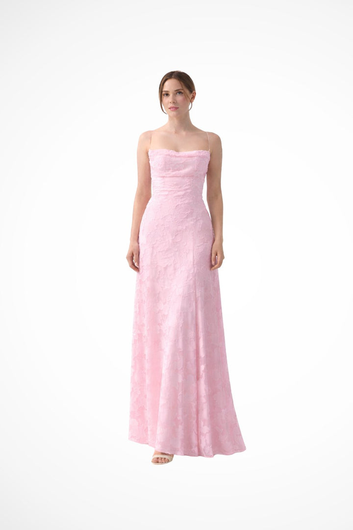 Women's Floral Jacquard Formal Maxi Dress | Backless with Spaghetti Strap Angle