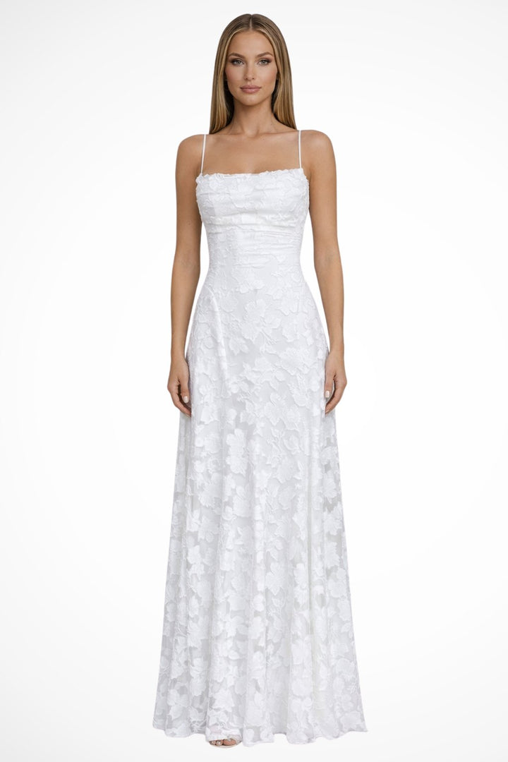 Women's Floral Jacquard Formal Maxi Dress | Backless with Spaghetti Strap Back
