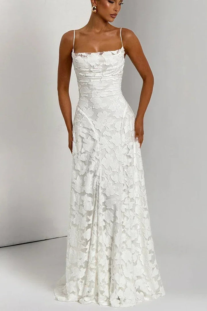 Women's Floral Jacquard Formal Maxi Dress | Backless with Spaghetti Strap Close Up