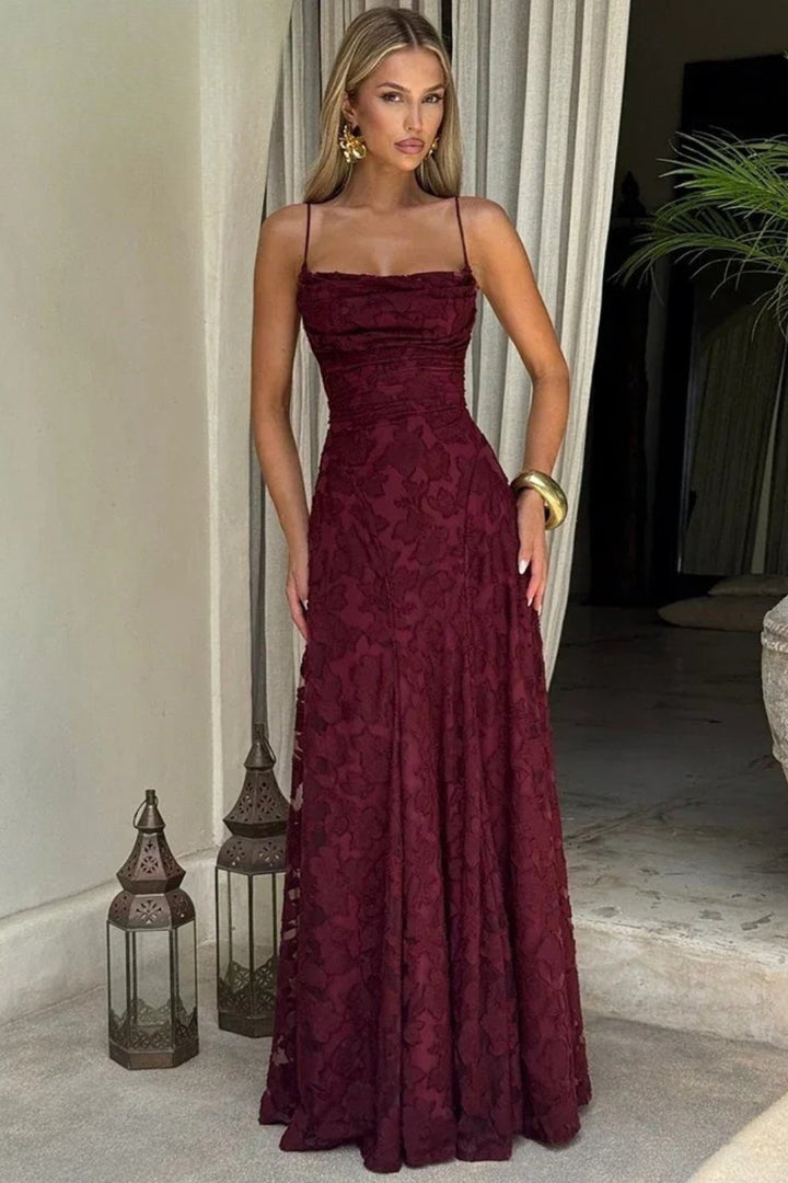 Women's Floral Jacquard Formal Maxi Dress | Backless with Spaghetti Strap Detail