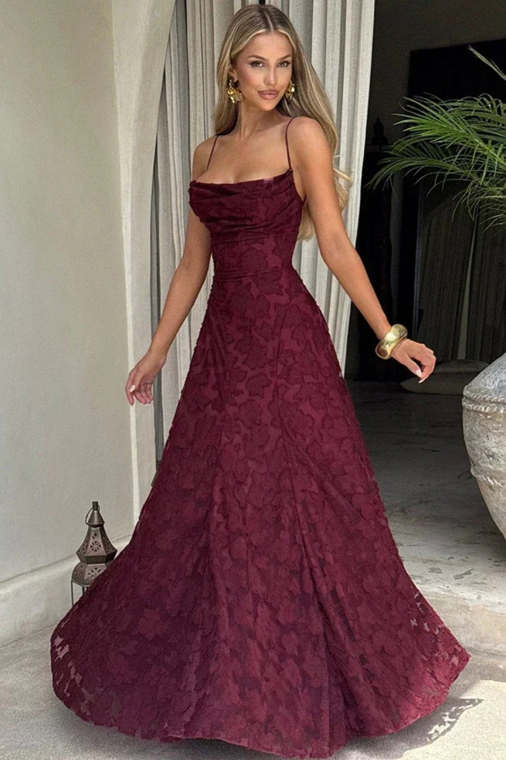 Women's Floral Jacquard Formal Maxi Dress | Backless with Spaghetti Strap Front