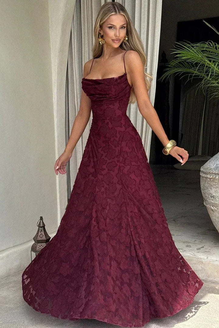 Women's Floral Jacquard Formal Maxi Dress | Backless with Spaghetti Strap Front