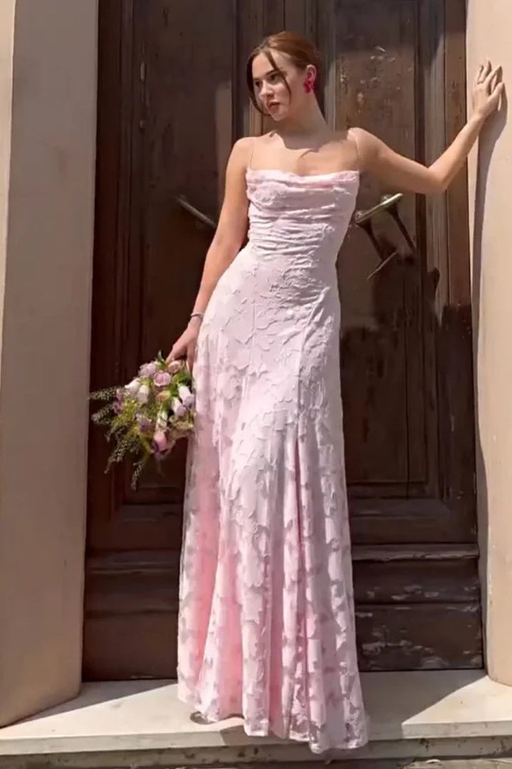 Women's Floral Jacquard Formal Maxi Dress | Backless with Spaghetti Strap Full