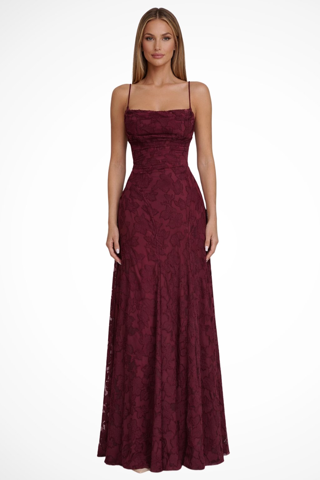 Women's Floral Jacquard Formal Maxi Dress | Backless with Spaghetti Strap Hero