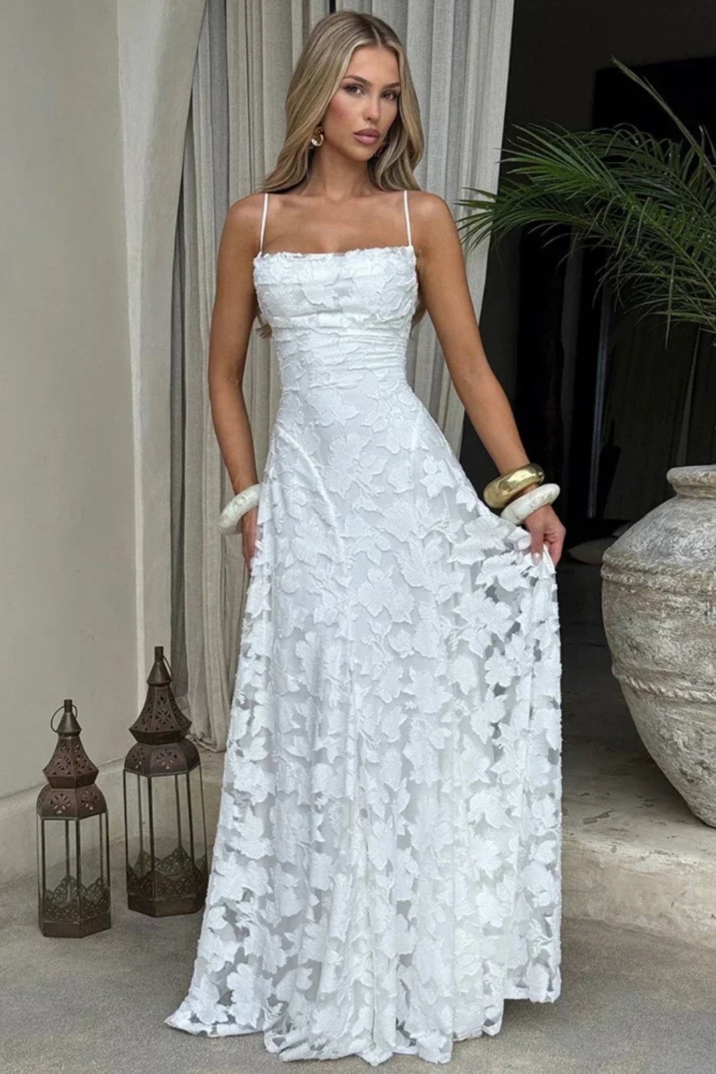 Women's Floral Jacquard Formal Maxi Dress | Backless with Spaghetti Strap Lifestyle