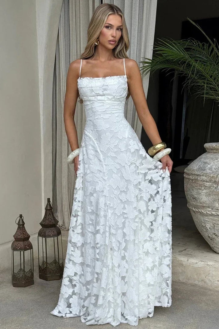 Women's Floral Jacquard Formal Maxi Dress | Backless with Spaghetti Strap Lifestyle