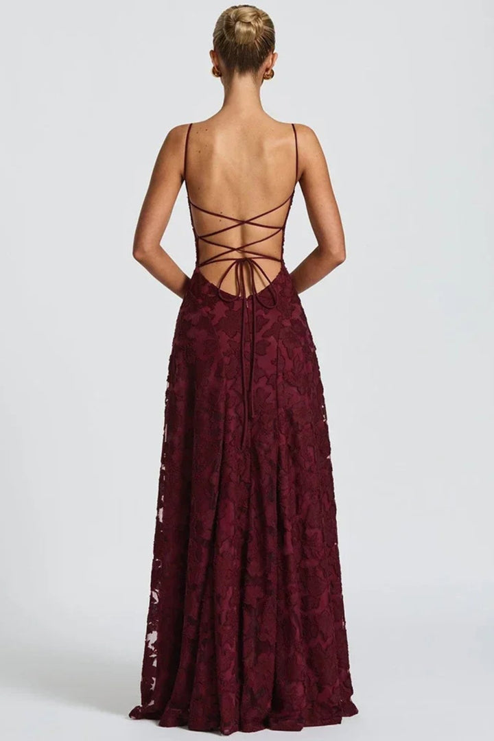 Women's Floral Jacquard Formal Maxi Dress | Backless with Spaghetti Strap Side