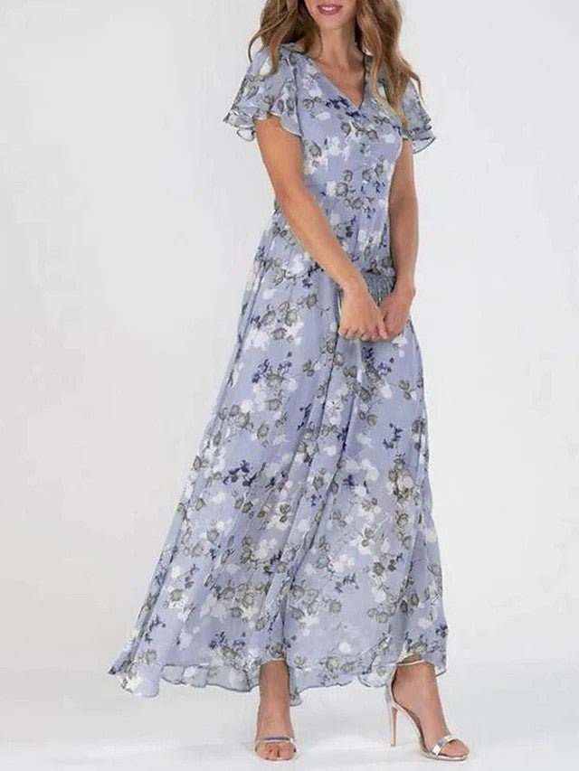 Women's Floral Maxi Dress | Summer Wedding Guest Flutter Sleeve Back