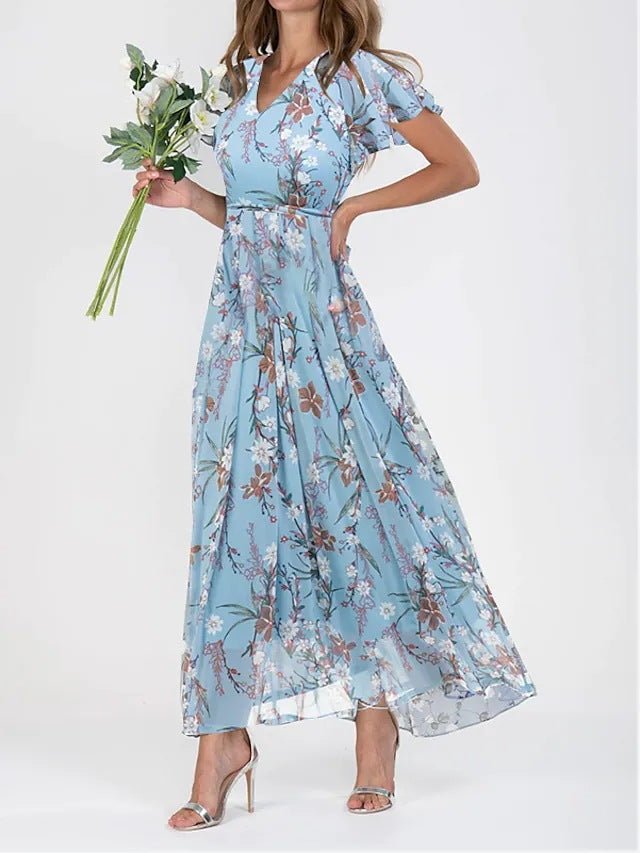 Women's Floral Maxi Dress | Summer Wedding Guest Flutter Sleeve Close Up