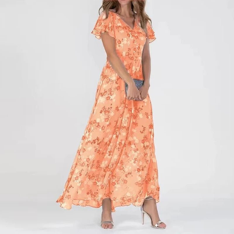 Women's Floral Maxi Dress | Summer Wedding Guest Flutter Sleeve Side