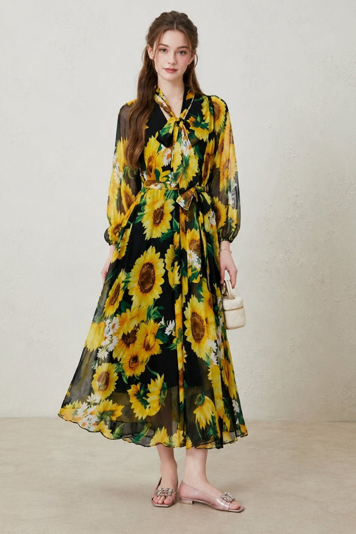 Women's Floral Print Belted Maxi Dress | Long Sleeve Bow Neck Back