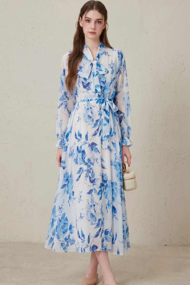 Women's Floral Print Belted Maxi Dress | Long Sleeve Bow Neck Detail