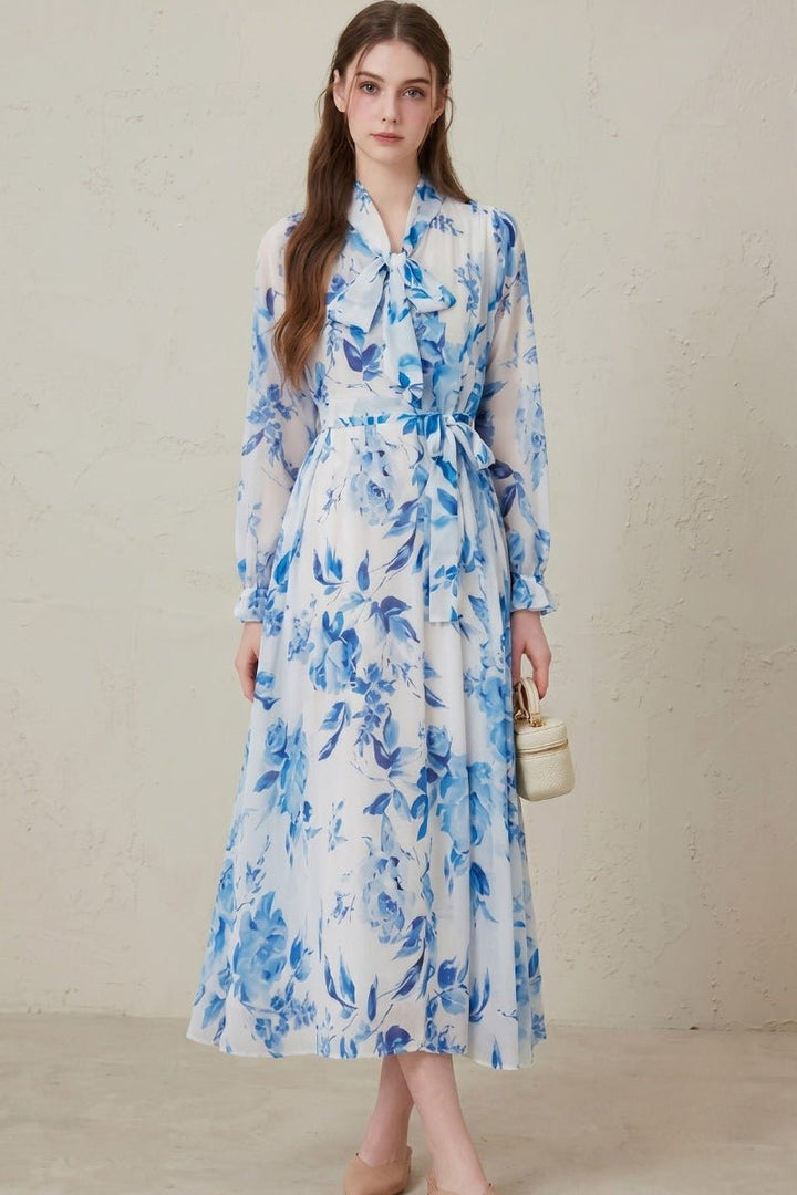 Women's Floral Print Belted Maxi Dress | Long Sleeve Bow Neck Detail