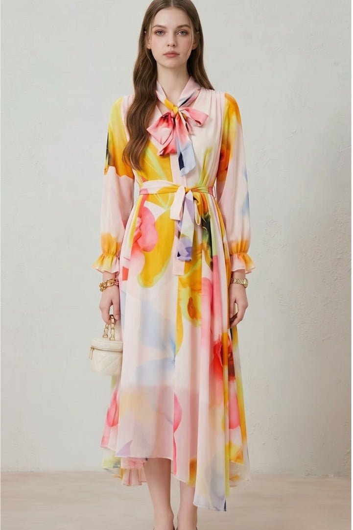 Women's Floral Print Belted Maxi Dress | Long Sleeve Bow Neck Front