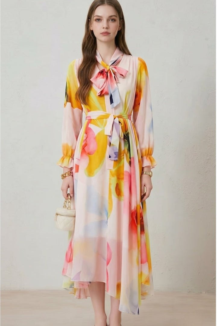 Women's Floral Print Belted Maxi Dress | Long Sleeve Bow Neck Front