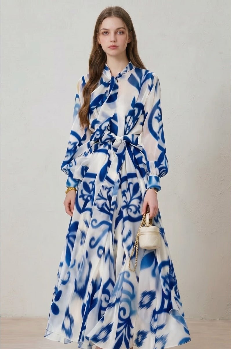 Women's Floral Print Belted Maxi Dress | Long Sleeve Bow Neck Hero