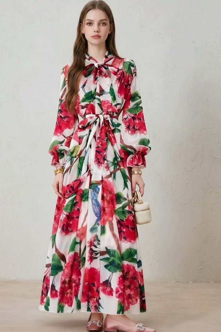 Women's Floral Print Belted Maxi Dress | Long Sleeve Bow Neck Side