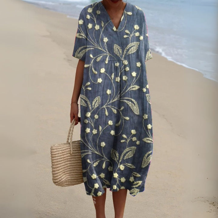 Women's Floral Short Sleeve Midi Dress | Relaxed V-Neck Summer Fit Angle