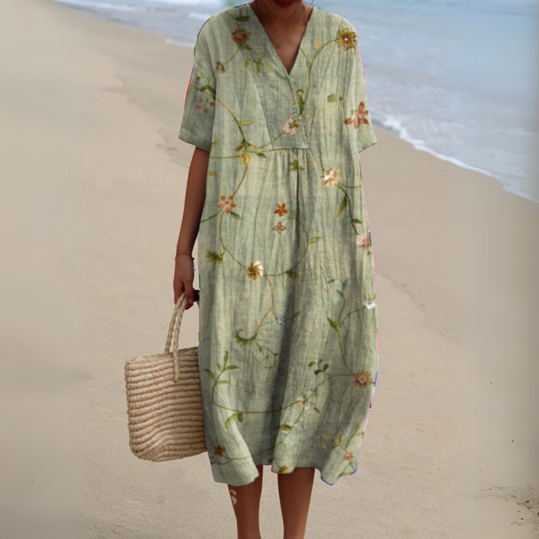 Women's Floral Short Sleeve Midi Dress | Relaxed V-Neck Summer Fit Back